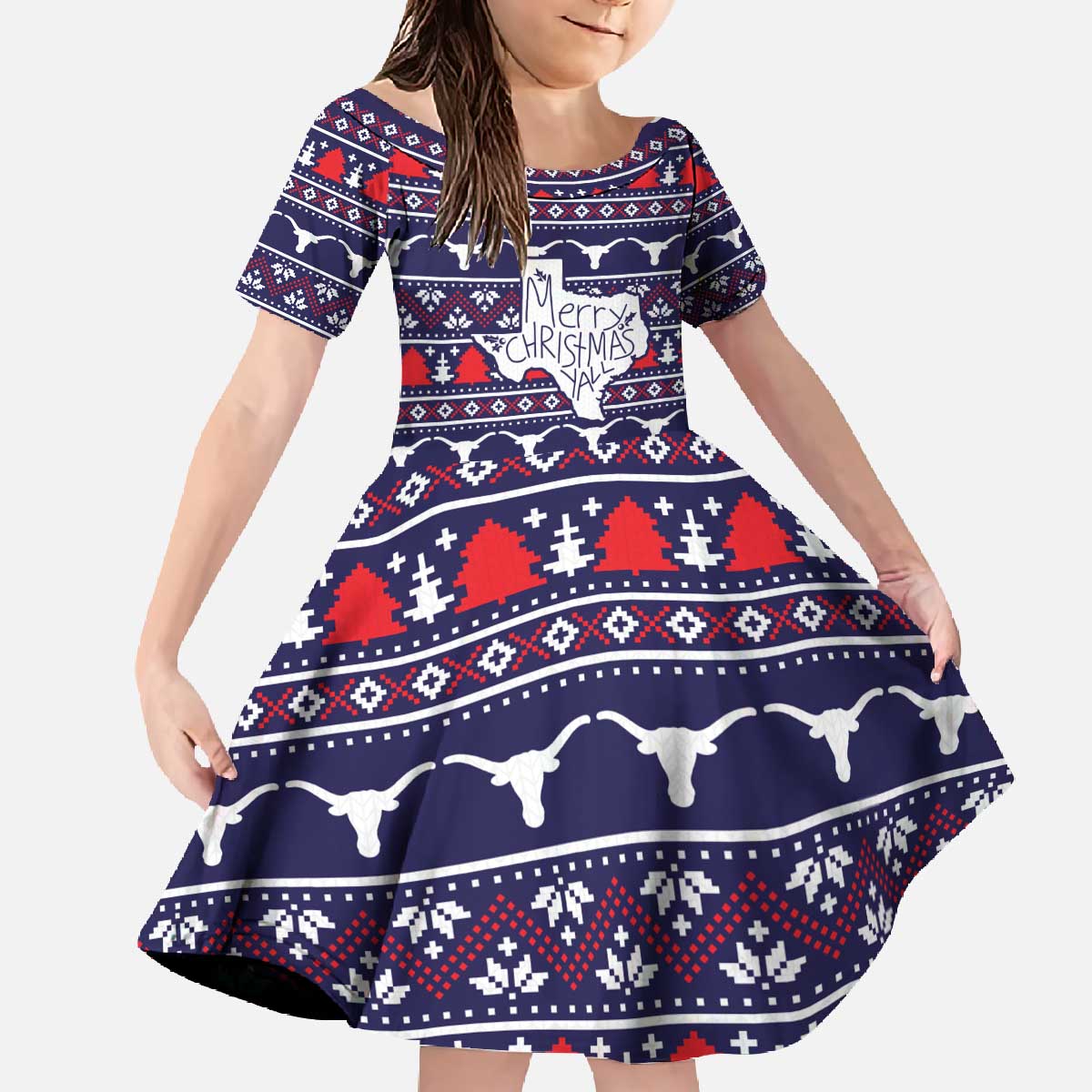 Merry Christmas Y'all Family Matching Off The Shoulder Long Sleeve Dress and Hawaiian Shirt Xmas Holiday Patterns - Wonder Print Shop