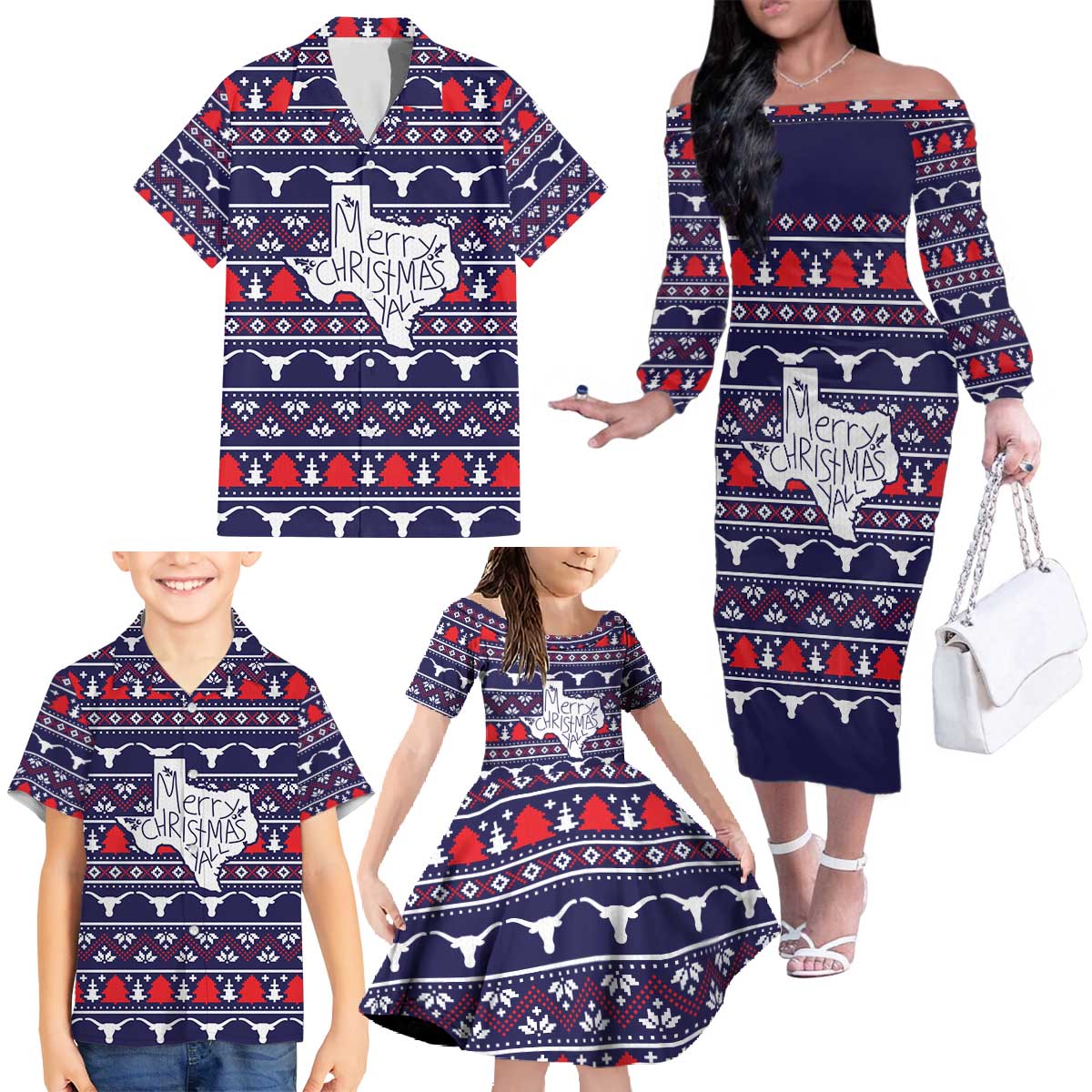 Merry Christmas Y'all Family Matching Off The Shoulder Long Sleeve Dress and Hawaiian Shirt Xmas Holiday Patterns - Wonder Print Shop