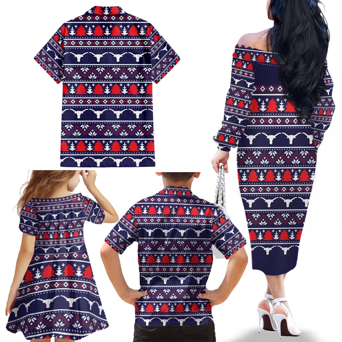 Merry Christmas Y'all Family Matching Off The Shoulder Long Sleeve Dress and Hawaiian Shirt Xmas Holiday Patterns - Wonder Print Shop