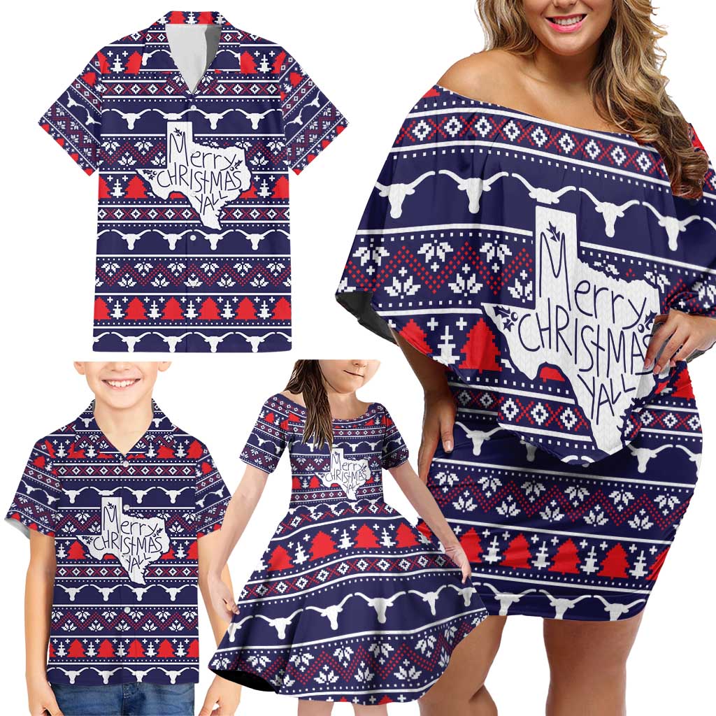 Merry Christmas Y'all Family Matching Off Shoulder Short Dress and Hawaiian Shirt Xmas Holiday Patterns - Wonder Print Shop