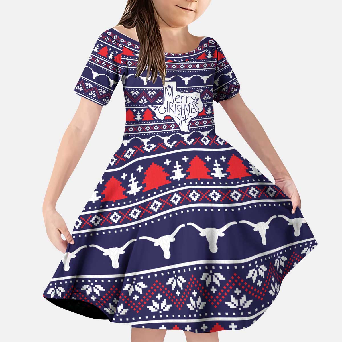 Merry Christmas Y'all Kid Short Sleeve Dress Xmas Holiday Patterns - Wonder Print Shop