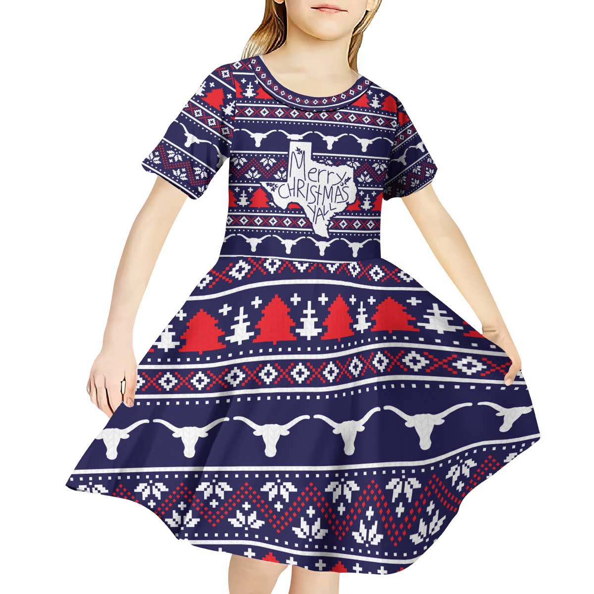 Merry Christmas Y'all Kid Short Sleeve Dress Xmas Holiday Patterns - Wonder Print Shop