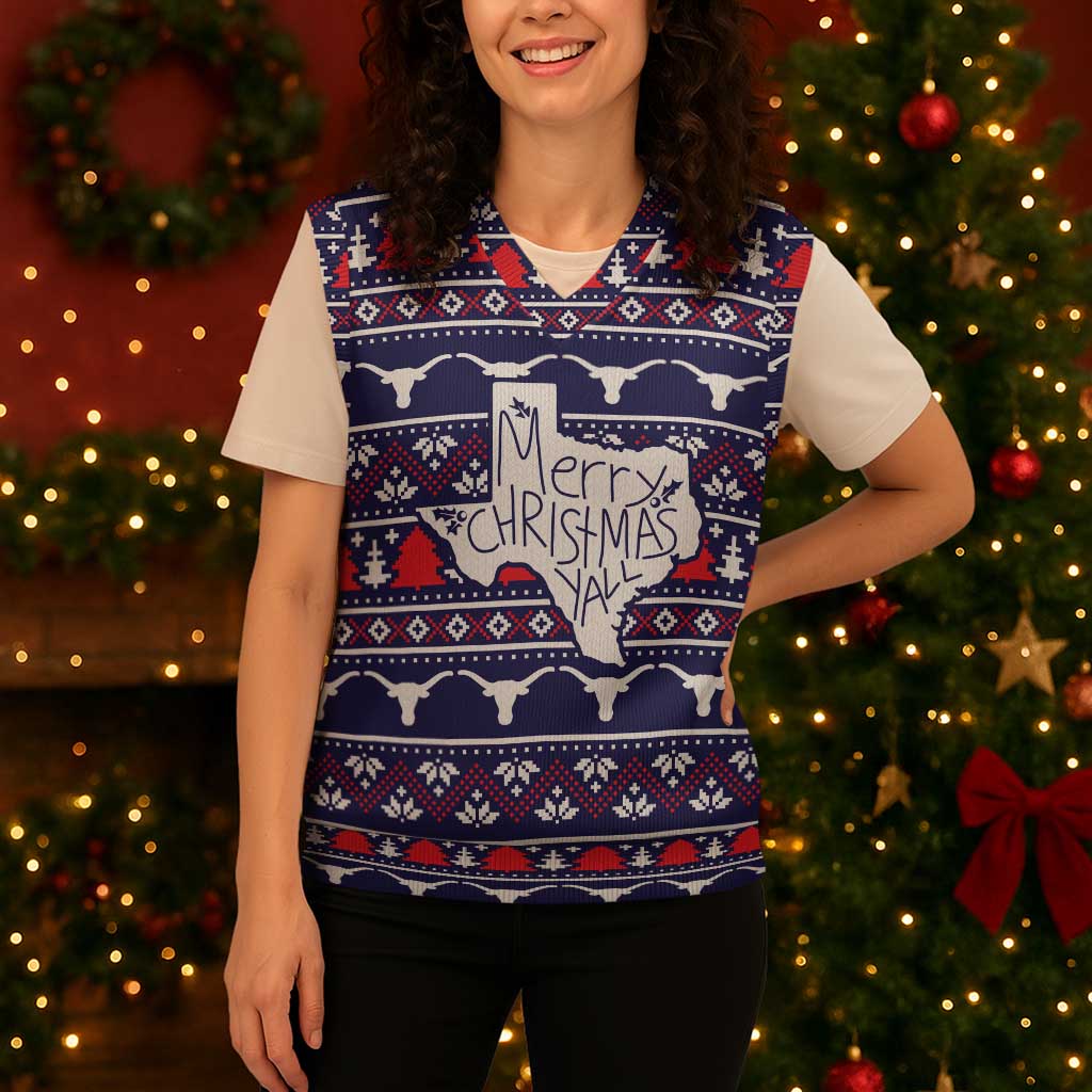Merry Christmas Y'all Christmas Knitted V-Neck Vest Xmas Holiday Patterns - Wonder Print Shop
