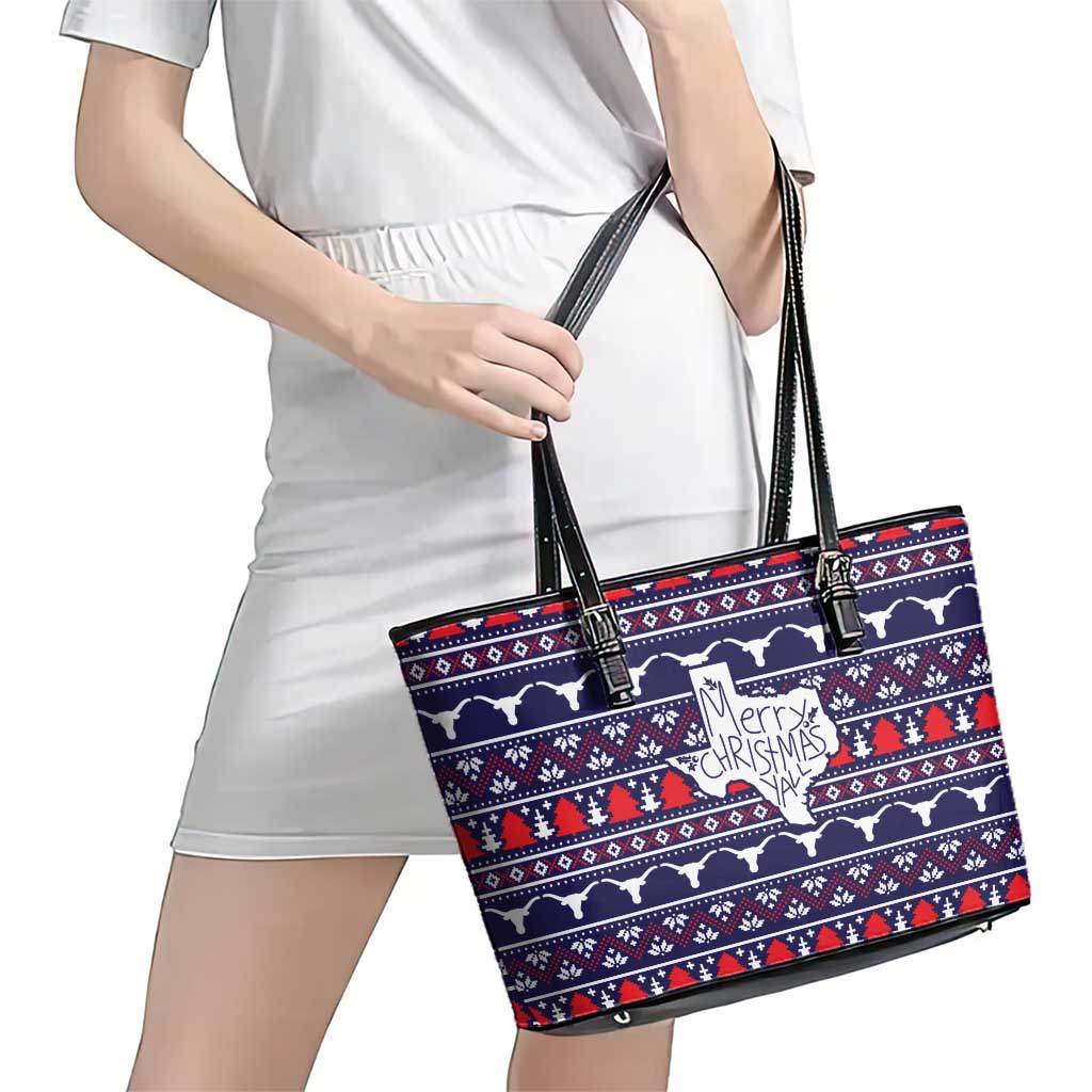 Merry Christmas Y'all Leather Tote Bag Xmas Holiday Patterns - Wonder Print Shop