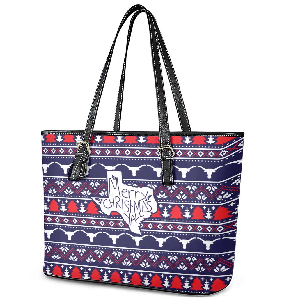Merry Christmas Y'all Leather Tote Bag Xmas Holiday Patterns - Wonder Print Shop