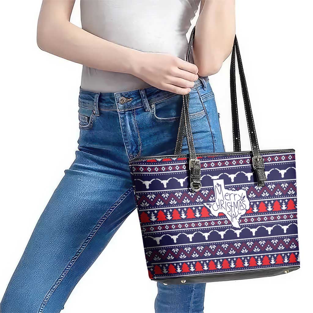 Merry Christmas Y'all Leather Tote Bag Xmas Holiday Patterns - Wonder Print Shop