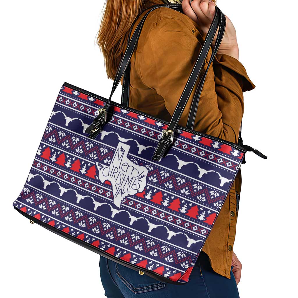 Merry Christmas Y'all Leather Tote Bag Xmas Holiday Patterns - Wonder Print Shop