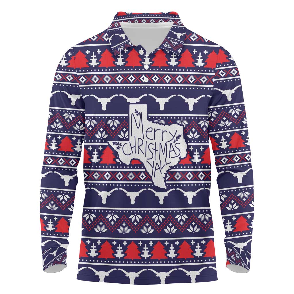 Merry Christmas Y'all Long Sleeve Polo Shirt Xmas Holiday Patterns - Wonder Print Shop