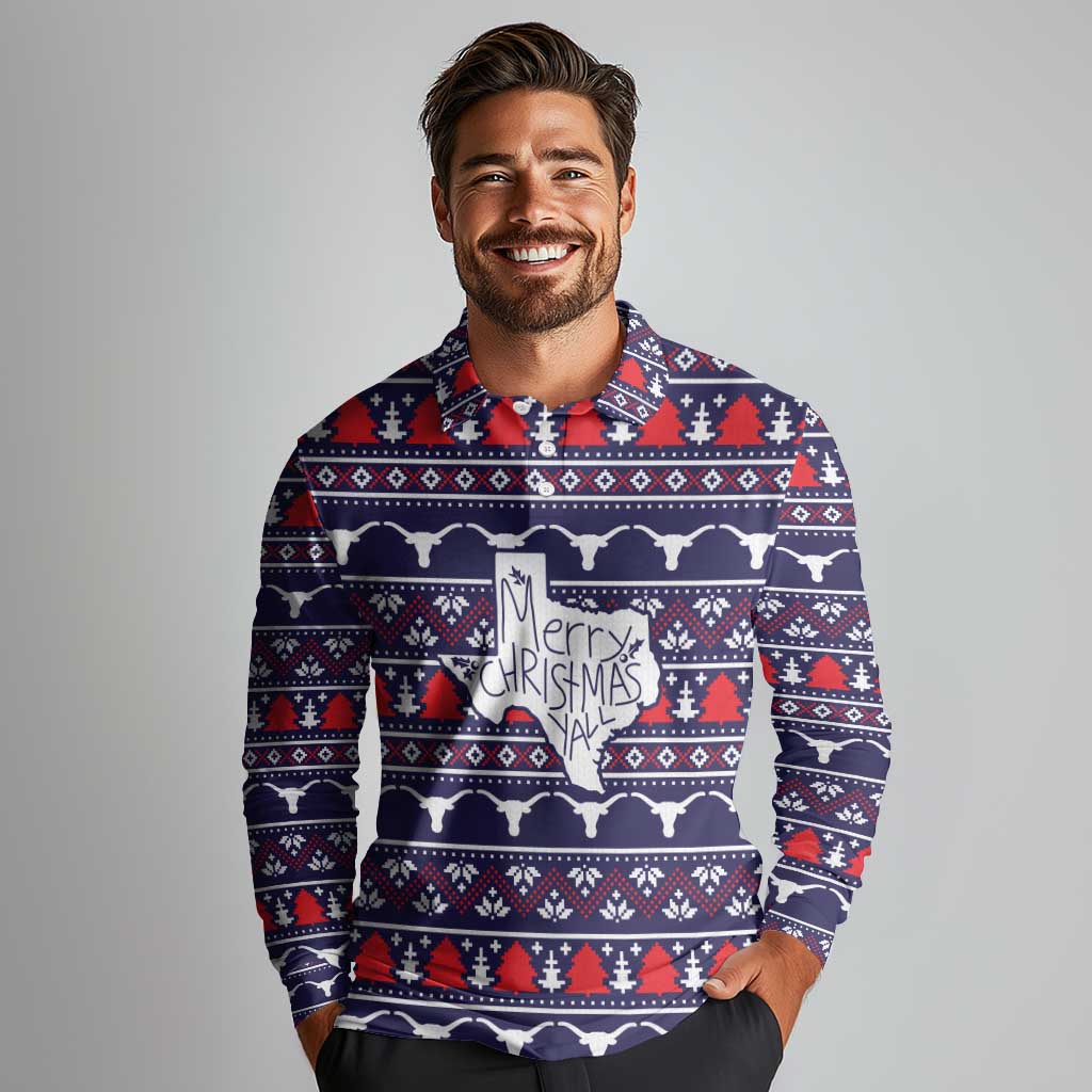 Merry Christmas Y'all Long Sleeve Polo Shirt Xmas Holiday Patterns - Wonder Print Shop
