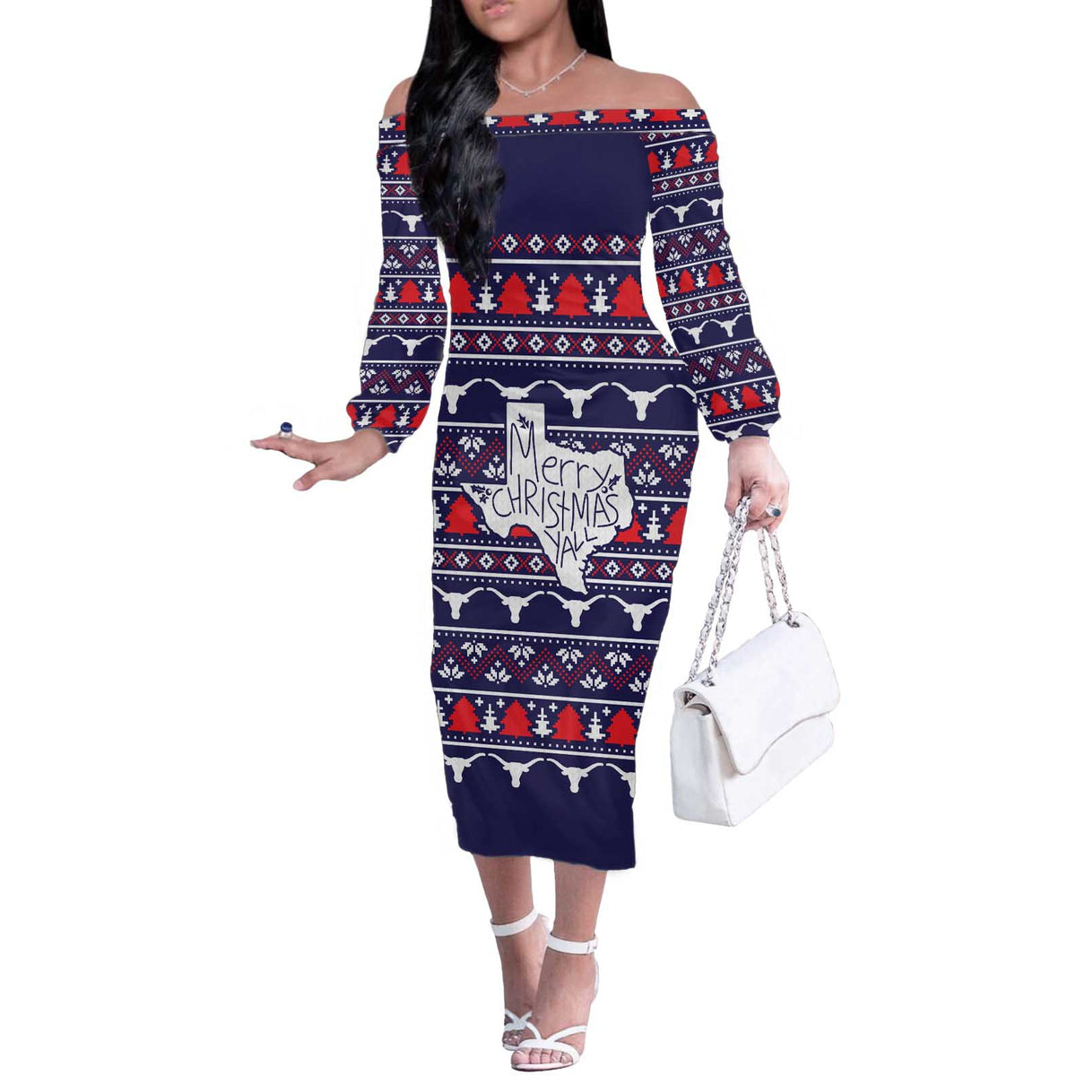 Merry Christmas Y'all Off The Shoulder Long Sleeve Dress Xmas Holiday Patterns - Wonder Print Shop