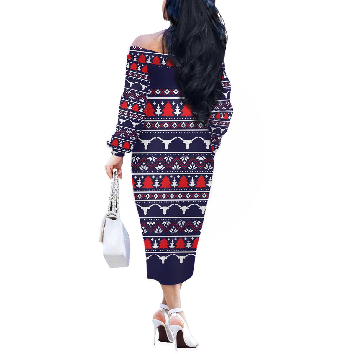Merry Christmas Y'all Off The Shoulder Long Sleeve Dress Xmas Holiday Patterns - Wonder Print Shop