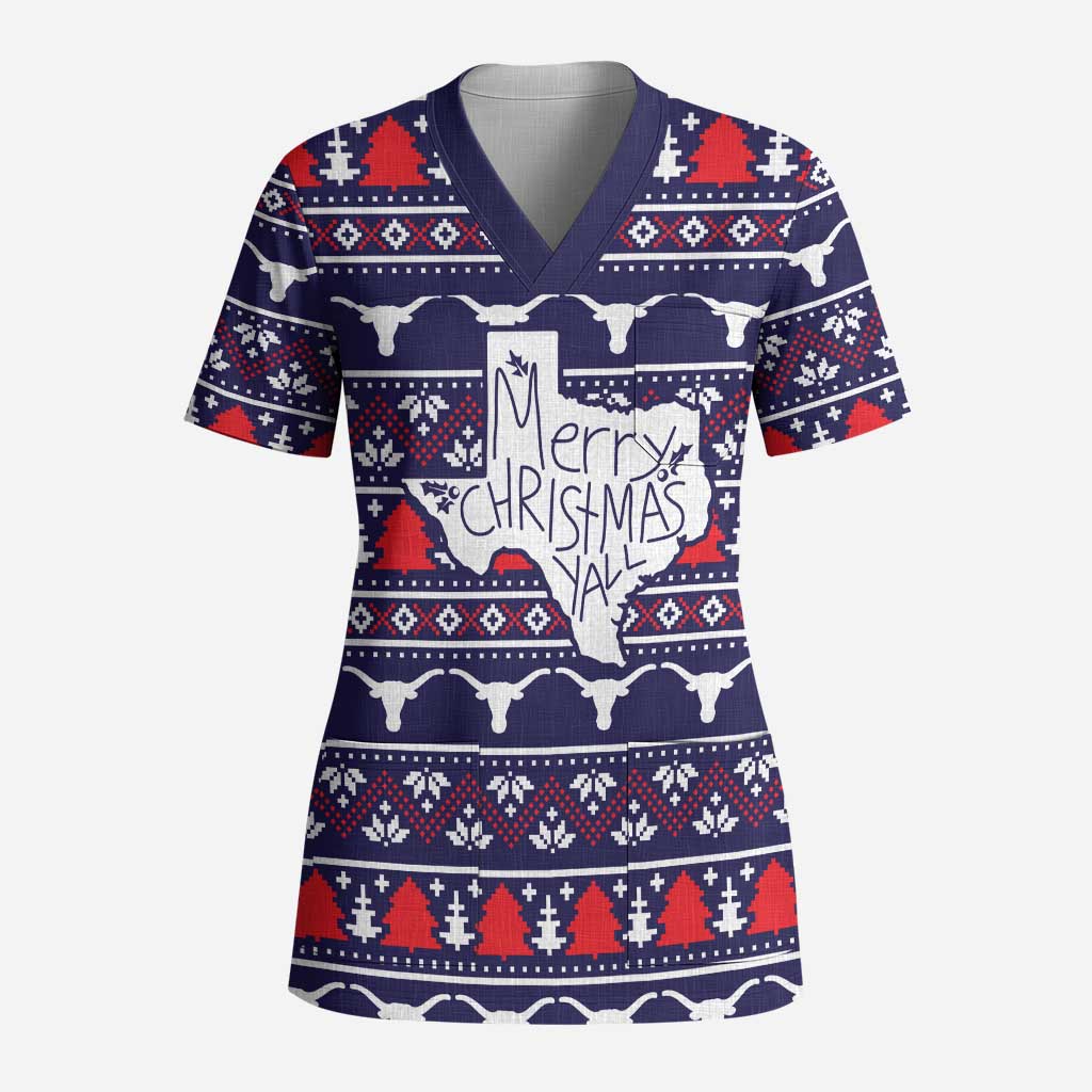Merry Christmas Y'all Scrub Top Xmas Holiday Patterns - Wonder Print Shop