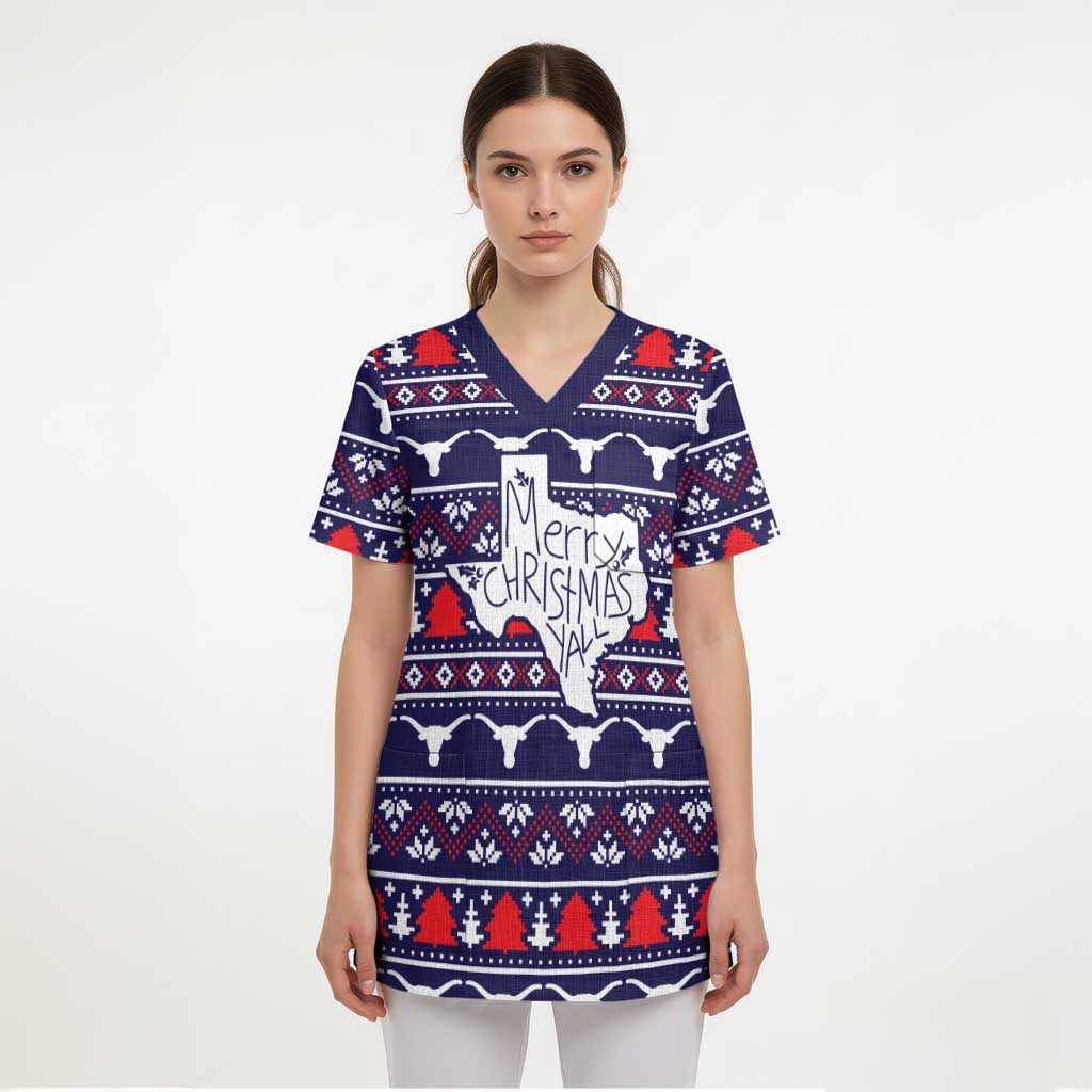 Merry Christmas Y'all Scrub Top Xmas Holiday Patterns - Wonder Print Shop