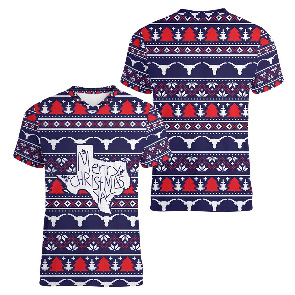 Merry Christmas Y'all Women V-Neck T-Shirt Xmas Holiday Patterns - Wonder Print Shop