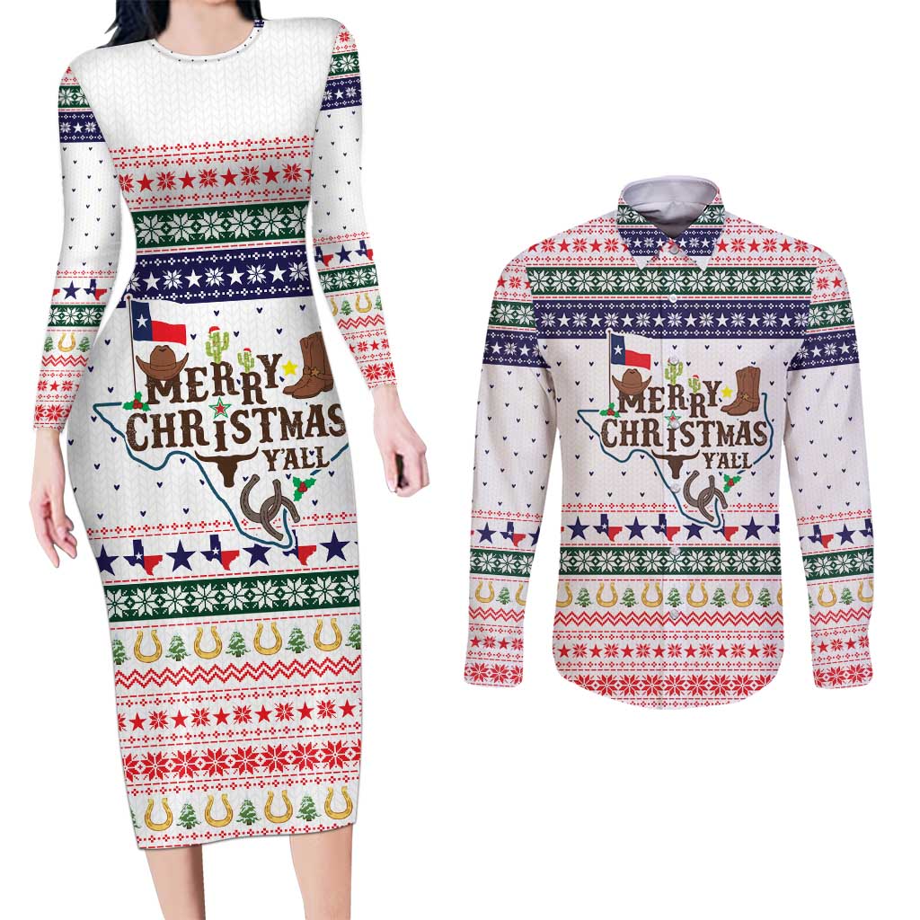 Merry Christmas Yall Texas Couples Matching Long Sleeve Bodycon Dress and Long Sleeve Button Shirt Xmas Holiday Patterns - Wonder Print Shop