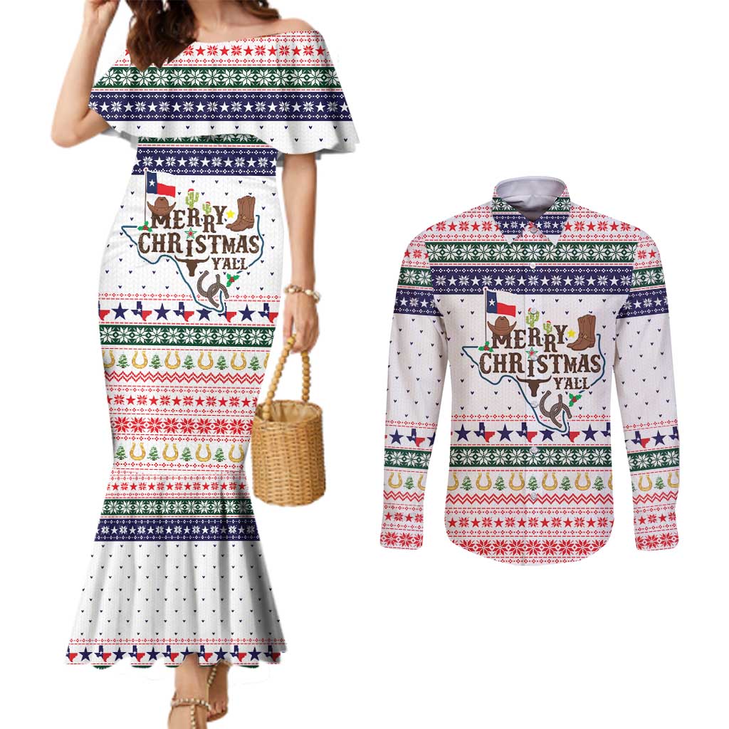 Merry Christmas Yall Texas Couples Matching Mermaid Dress and Long Sleeve Button Shirt Xmas Holiday Patterns - Wonder Print Shop