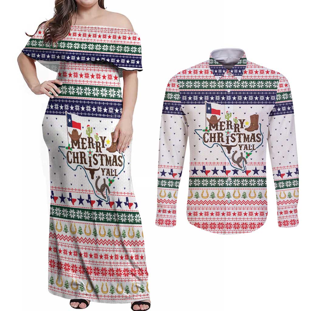 Merry Christmas Yall Texas Couples Matching Off Shoulder Maxi Dress and Long Sleeve Button Shirt Xmas Holiday Patterns - Wonder Print Shop