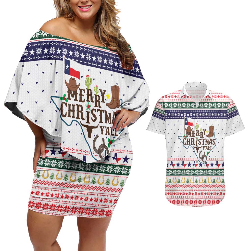 Merry Christmas Yall Texas Couples Matching Off Shoulder Short Dress and Hawaiian Shirt Xmas Holiday Patterns - Wonder Print Shop