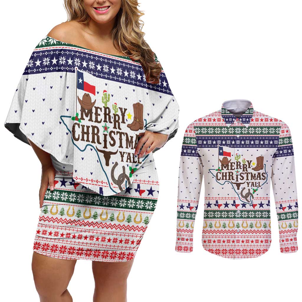 Merry Christmas Yall Texas Couples Matching Off Shoulder Short Dress and Long Sleeve Button Shirt Xmas Holiday Patterns - Wonder Print Shop