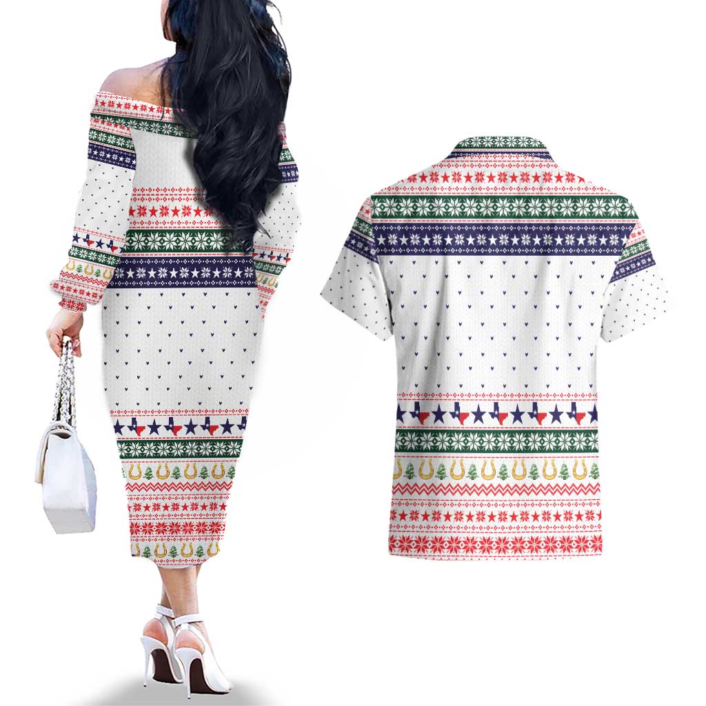Merry Christmas Yall Texas Couples Matching Off The Shoulder Long Sleeve Dress and Hawaiian Shirt Xmas Holiday Patterns - Wonder Print Shop