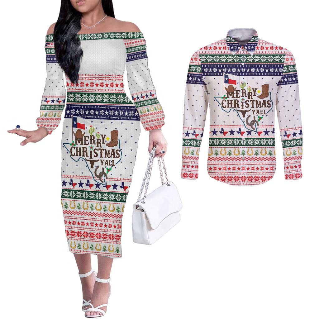 Merry Christmas Yall Texas Couples Matching Off The Shoulder Long Sleeve Dress and Long Sleeve Button Shirt Xmas Holiday Patterns - Wonder Print Shop
