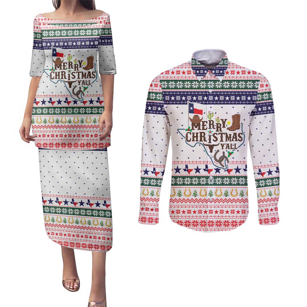 Merry Christmas Yall Texas Couples Matching Puletasi and Long Sleeve Button Shirt Xmas Holiday Patterns - Wonder Print Shop