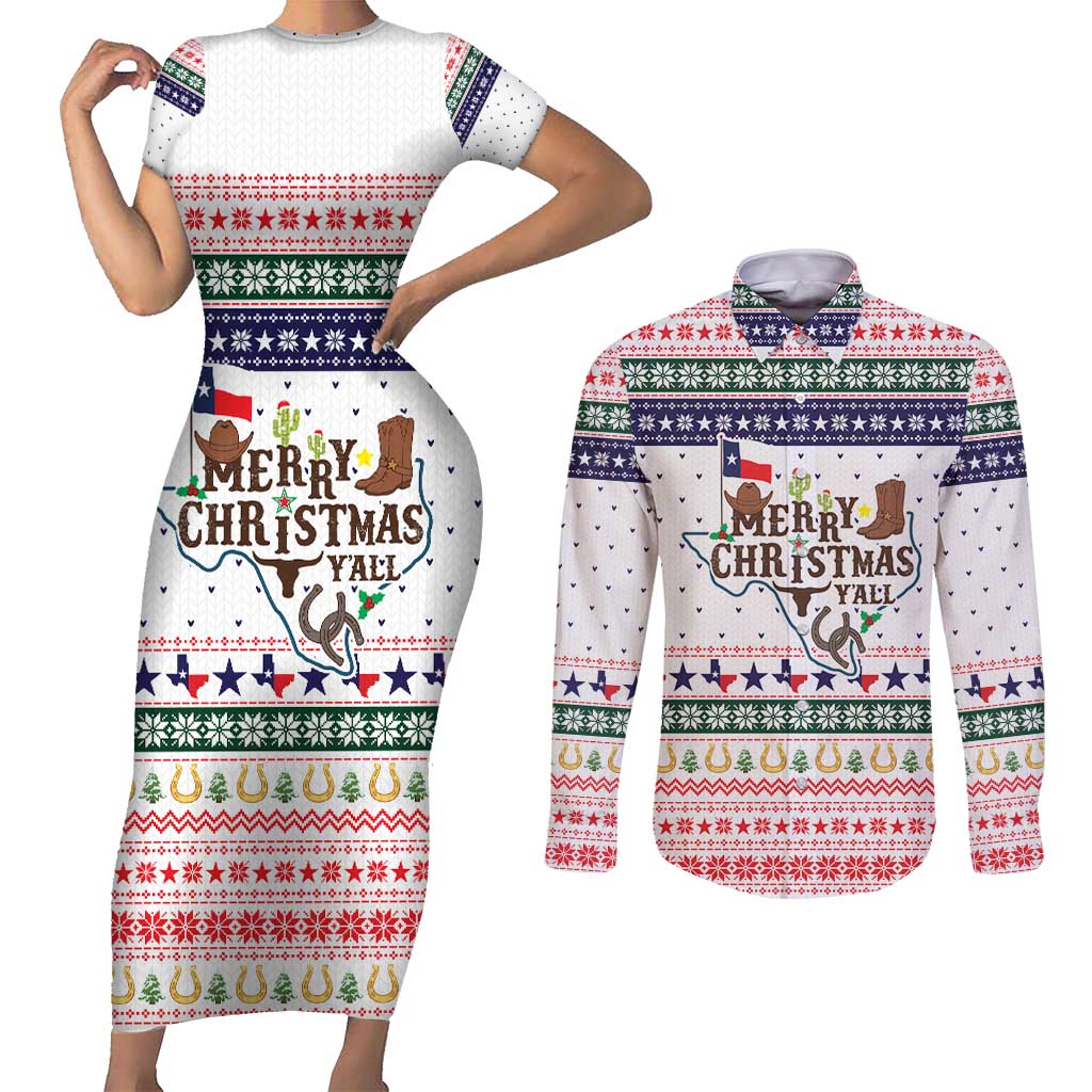 Merry Christmas Yall Texas Couples Matching Short Sleeve Bodycon Dress and Long Sleeve Button Shirt Xmas Holiday Patterns - Wonder Print Shop