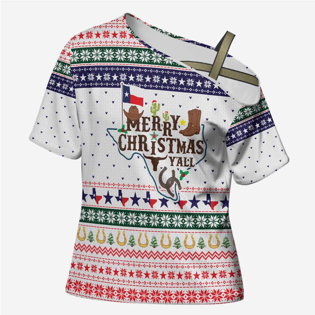 Merry Christmas Yall Texas Cross Shoulder Shirt Xmas Holiday Patterns - Wonder Print Shop