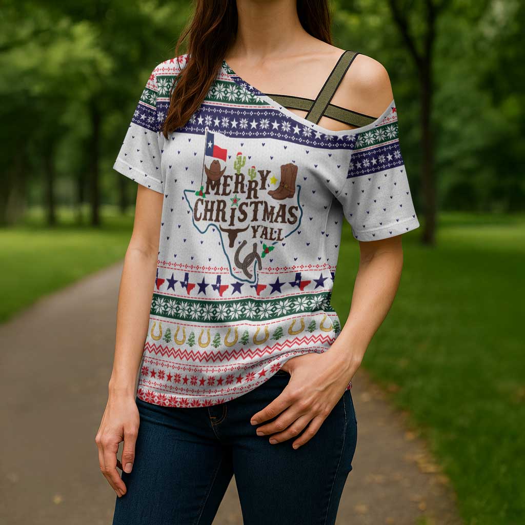Merry Christmas Yall Texas Cross Shoulder Shirt Xmas Holiday Patterns - Wonder Print Shop