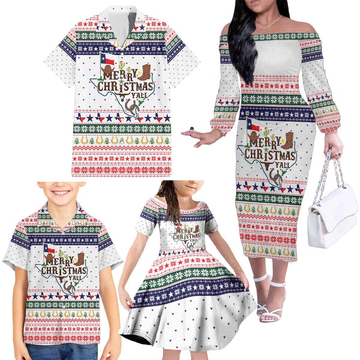 Merry Christmas Yall Texas Family Matching Off The Shoulder Long Sleeve Dress and Hawaiian Shirt Xmas Holiday Patterns - Wonder Print Shop