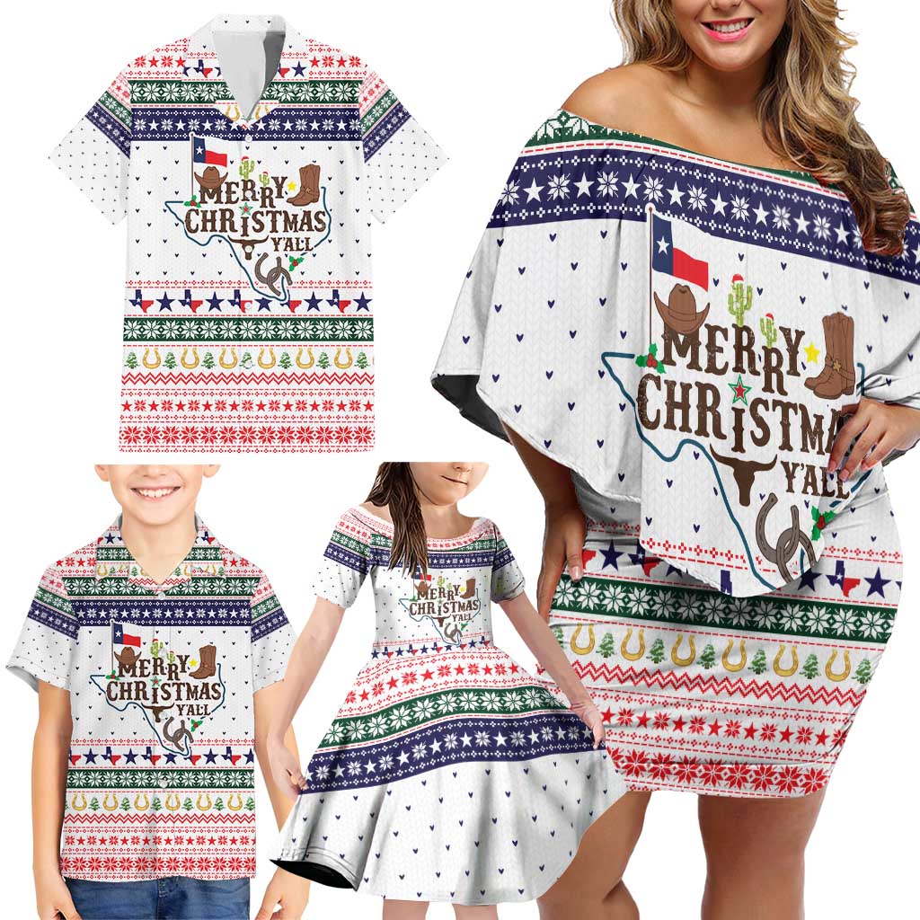Merry Christmas Yall Texas Family Matching Off Shoulder Short Dress and Hawaiian Shirt Xmas Holiday Patterns - Wonder Print Shop