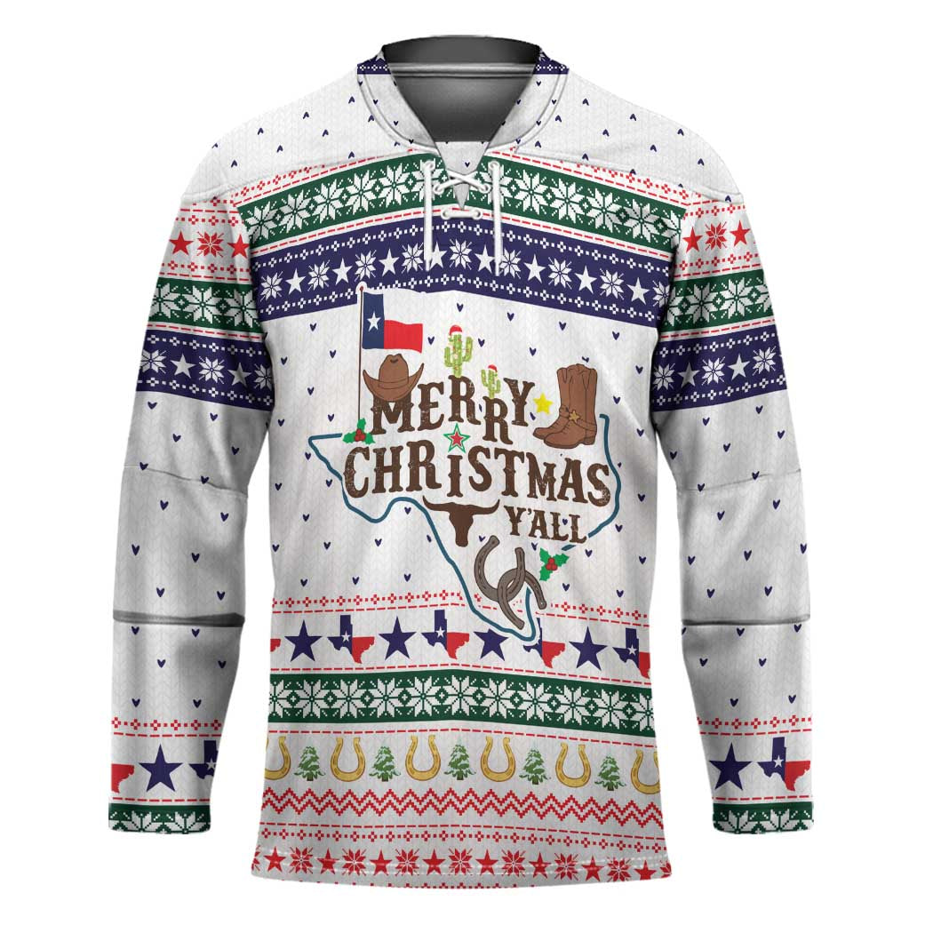 Merry Christmas Yall Texas Hockey Jersey Xmas Holiday Patterns - Wonder Print Shop