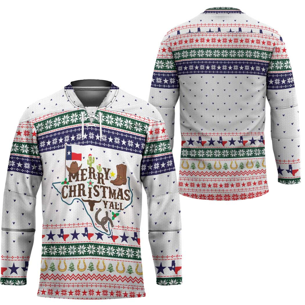 Merry Christmas Yall Texas Hockey Jersey Xmas Holiday Patterns - Wonder Print Shop