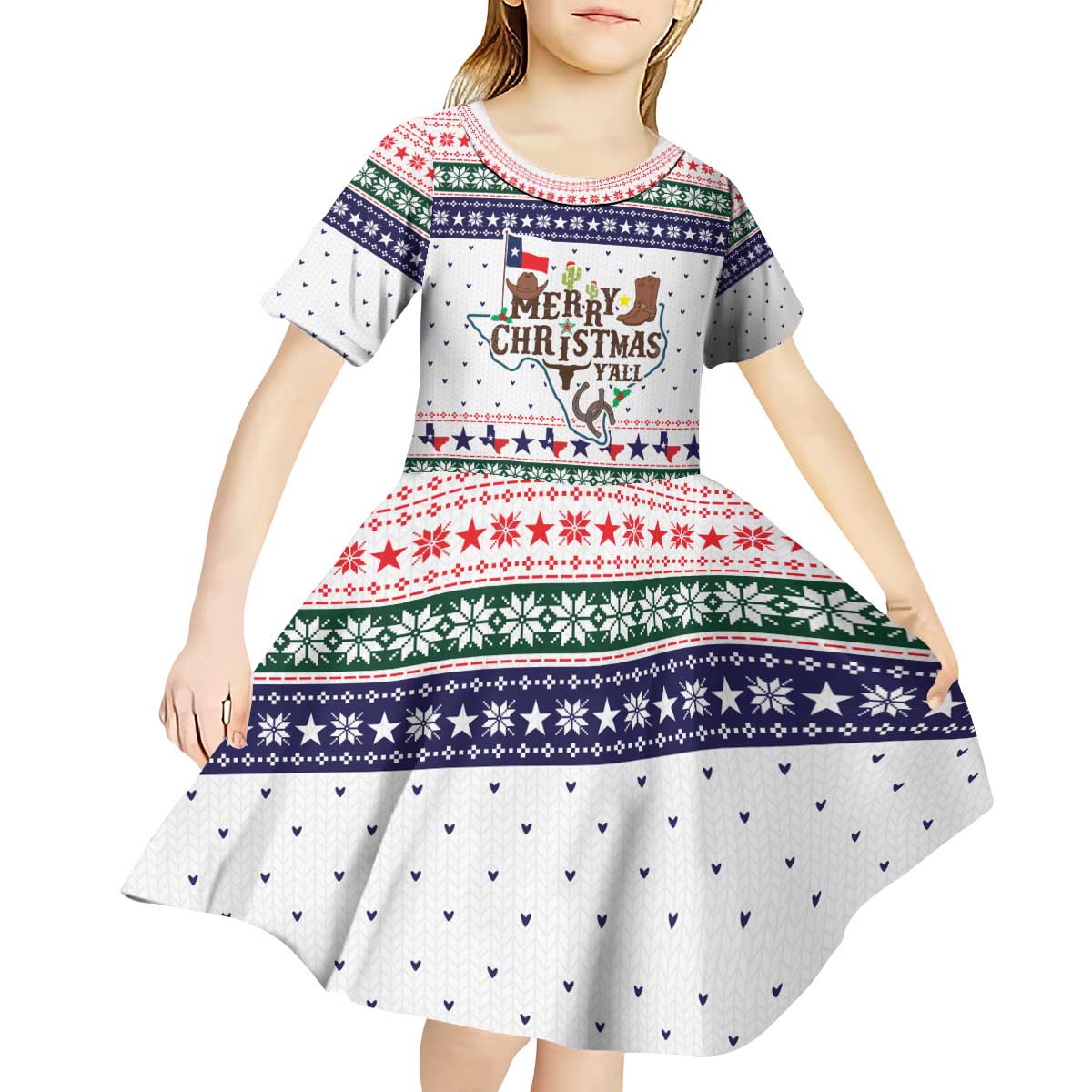 Merry Christmas Yall Texas Kid Short Sleeve Dress Xmas Holiday Patterns - Wonder Print Shop
