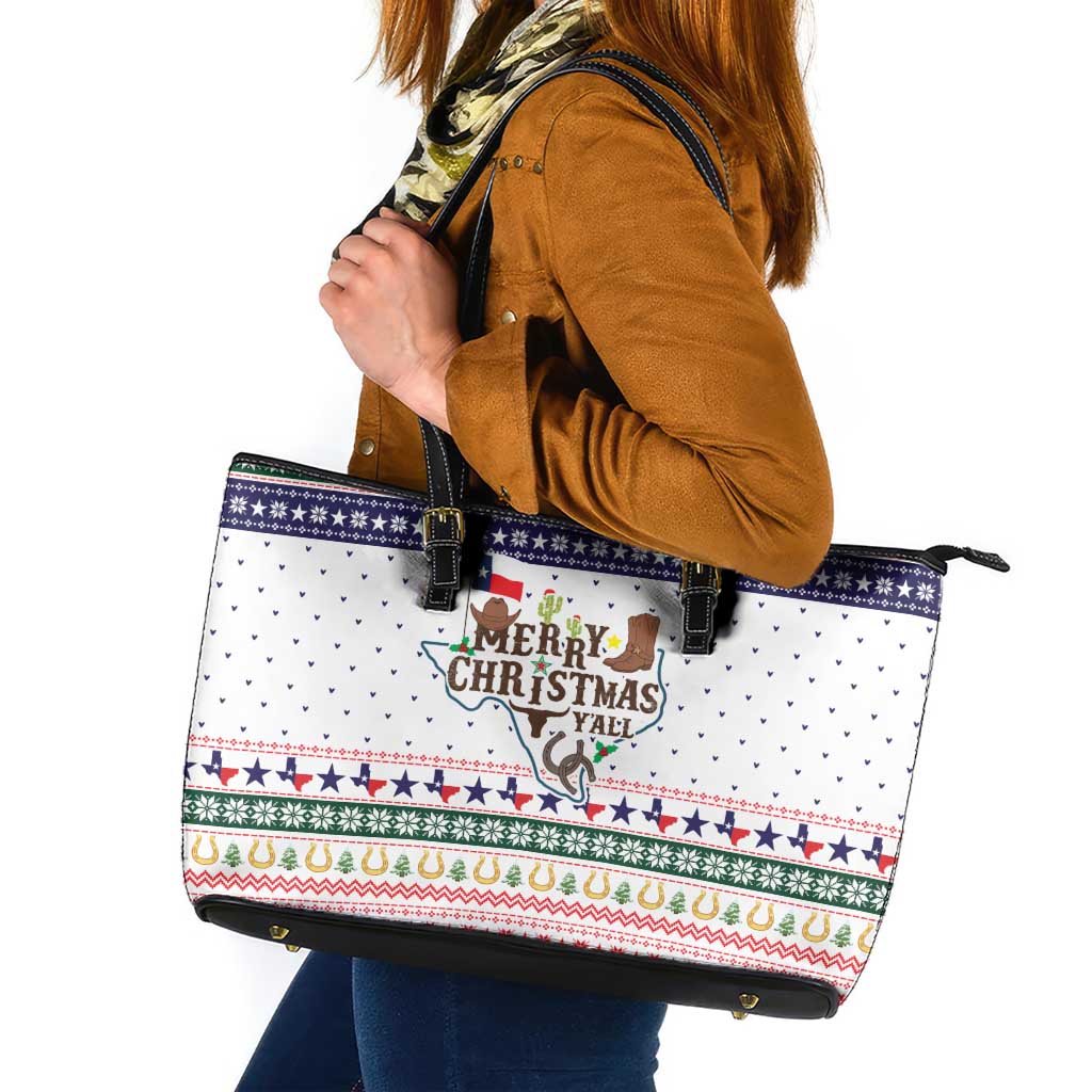 Merry Christmas Yall Texas Leather Tote Bag Xmas Holiday Patterns - Wonder Print Shop
