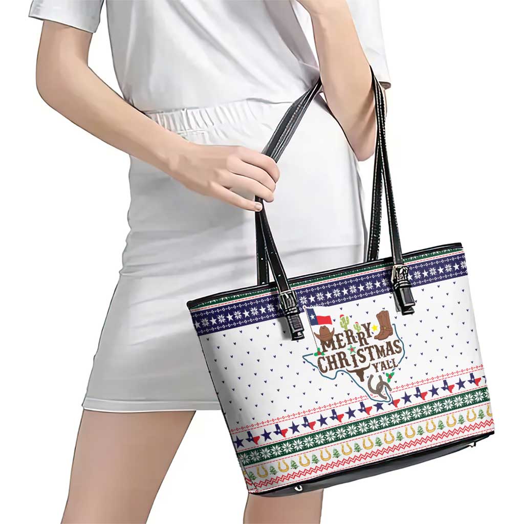 Merry Christmas Yall Texas Leather Tote Bag Xmas Holiday Patterns - Wonder Print Shop