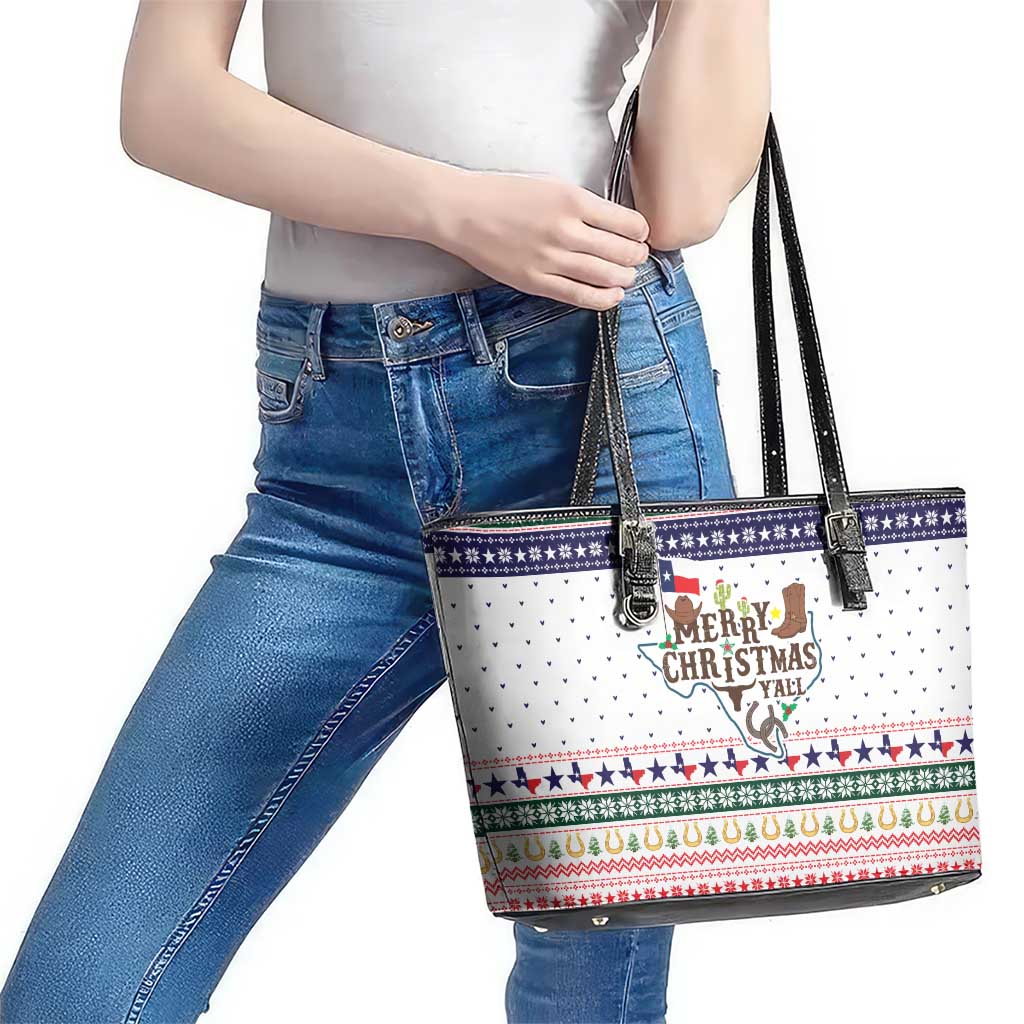 Merry Christmas Yall Texas Leather Tote Bag Xmas Holiday Patterns - Wonder Print Shop