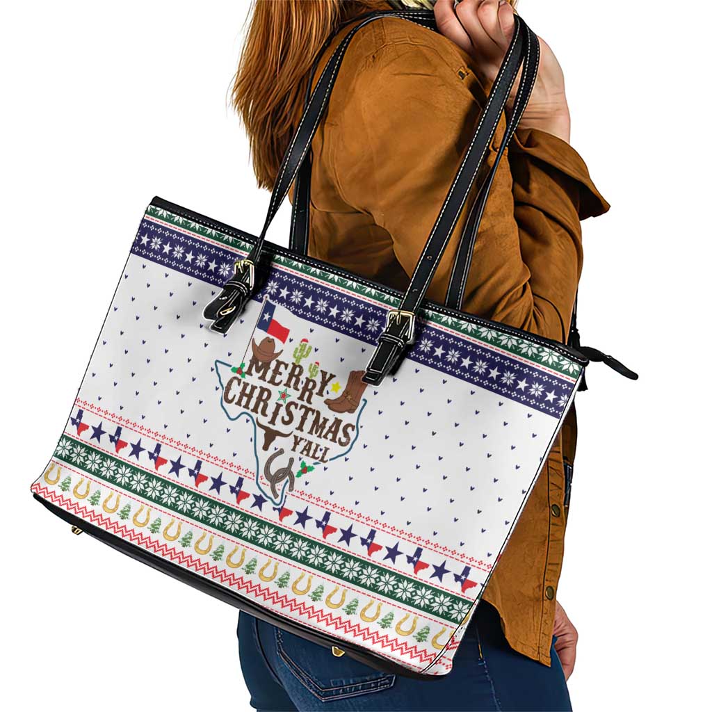 Merry Christmas Yall Texas Leather Tote Bag Xmas Holiday Patterns - Wonder Print Shop