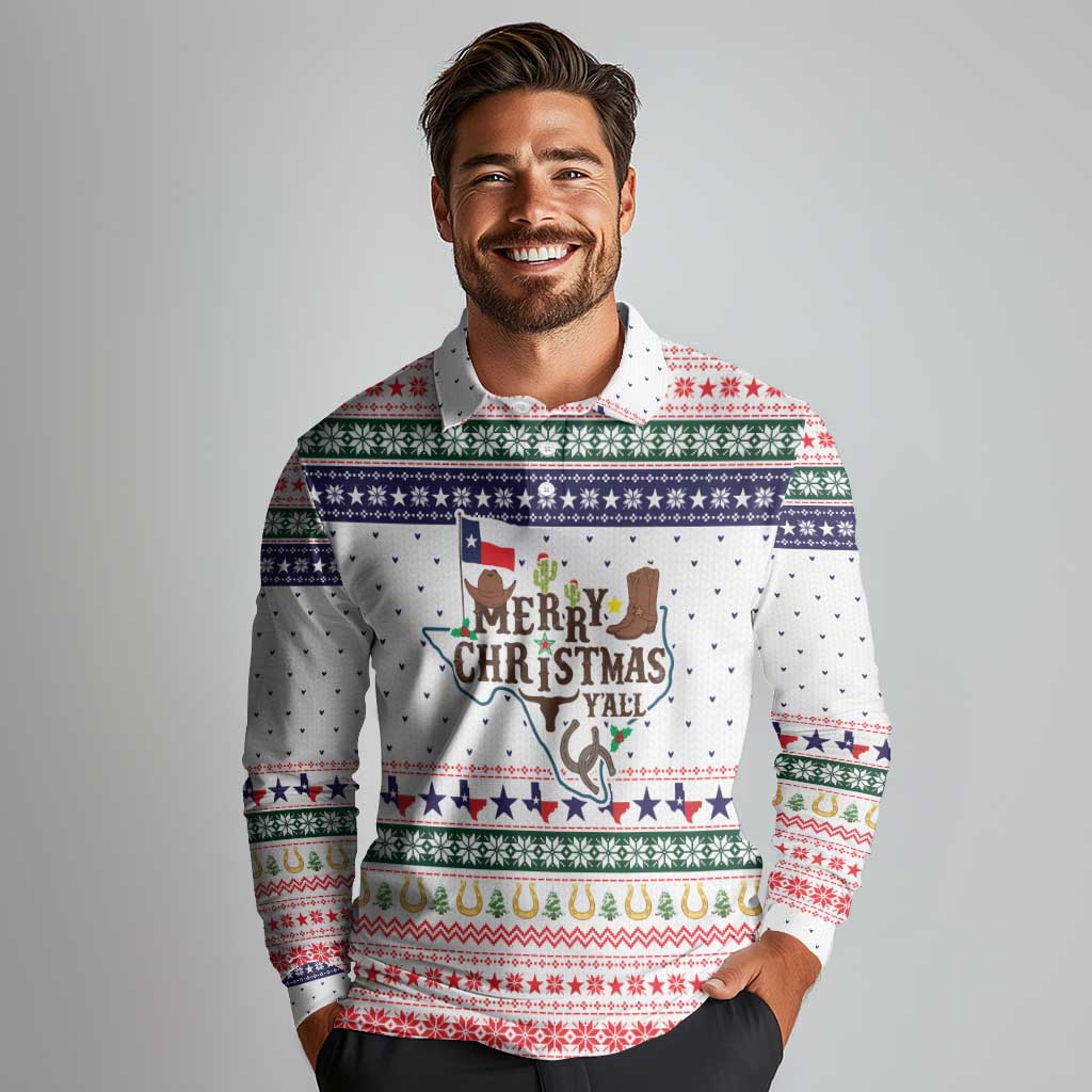 Merry Christmas Yall Texas Long Sleeve Polo Shirt Xmas Holiday Patterns - Wonder Print Shop