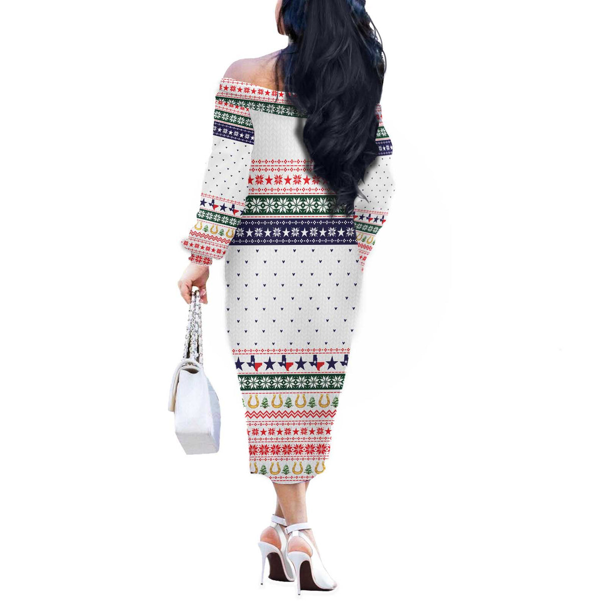 Merry Christmas Yall Texas Off The Shoulder Long Sleeve Dress Xmas Holiday Patterns - Wonder Print Shop