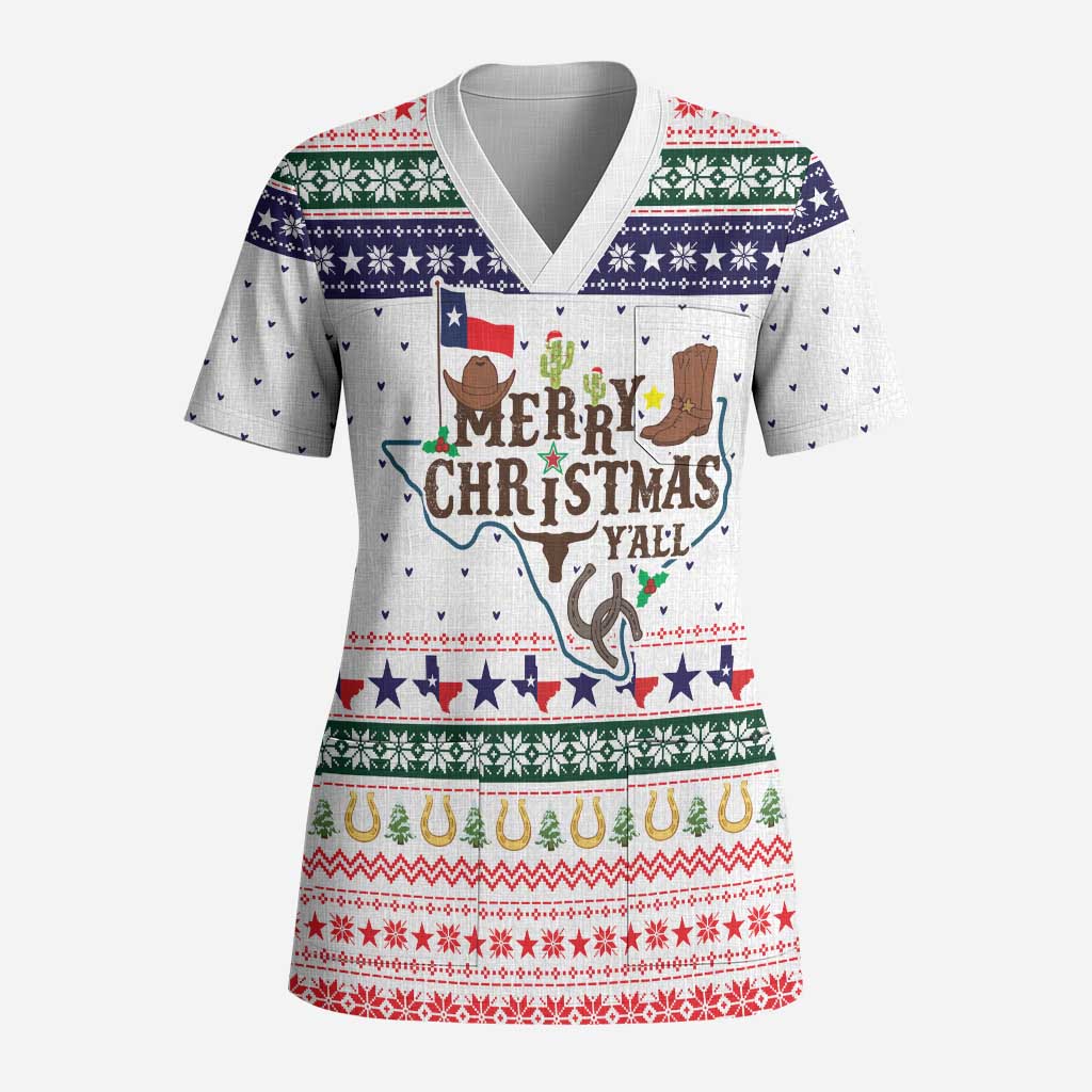 Merry Christmas Yall Texas Scrub Top Xmas Holiday Patterns - Wonder Print Shop