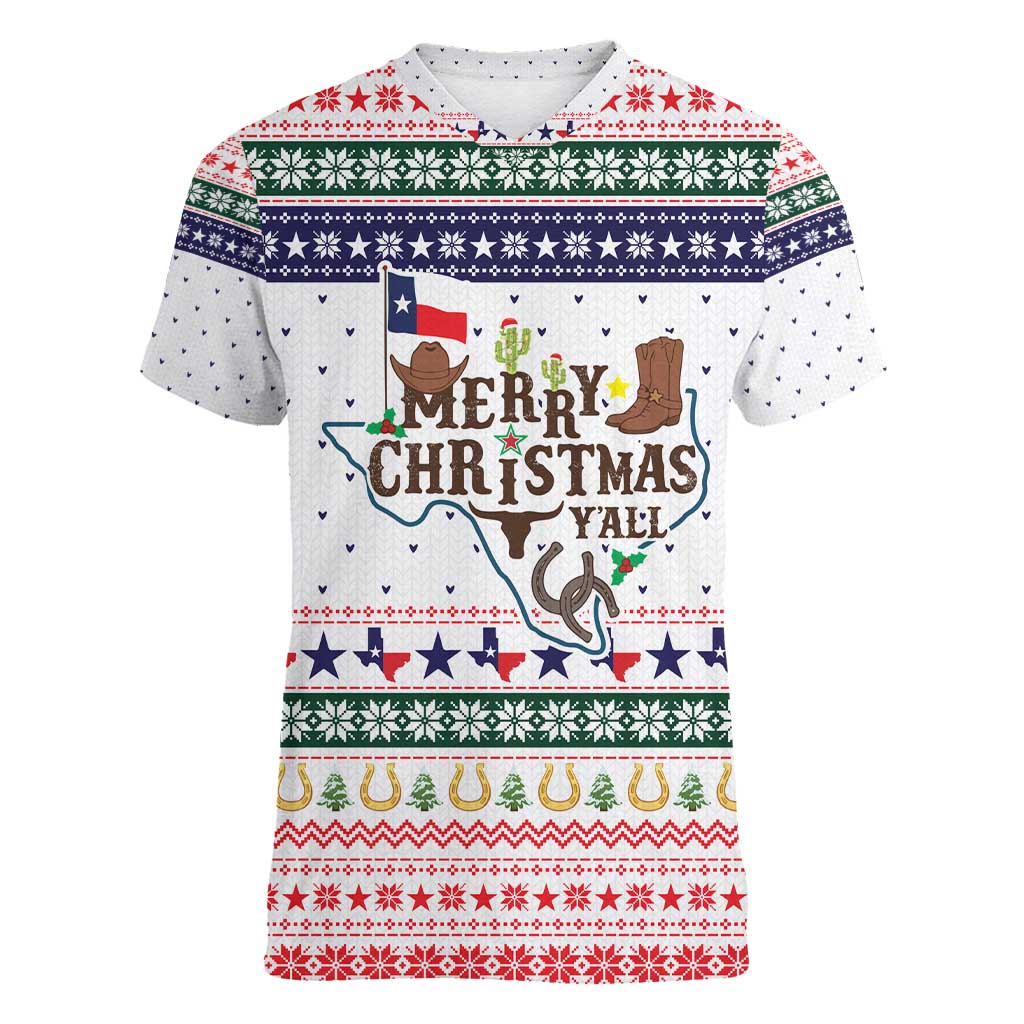 Merry Christmas Yall Texas Women V-Neck T-Shirt Xmas Holiday Patterns - Wonder Print Shop