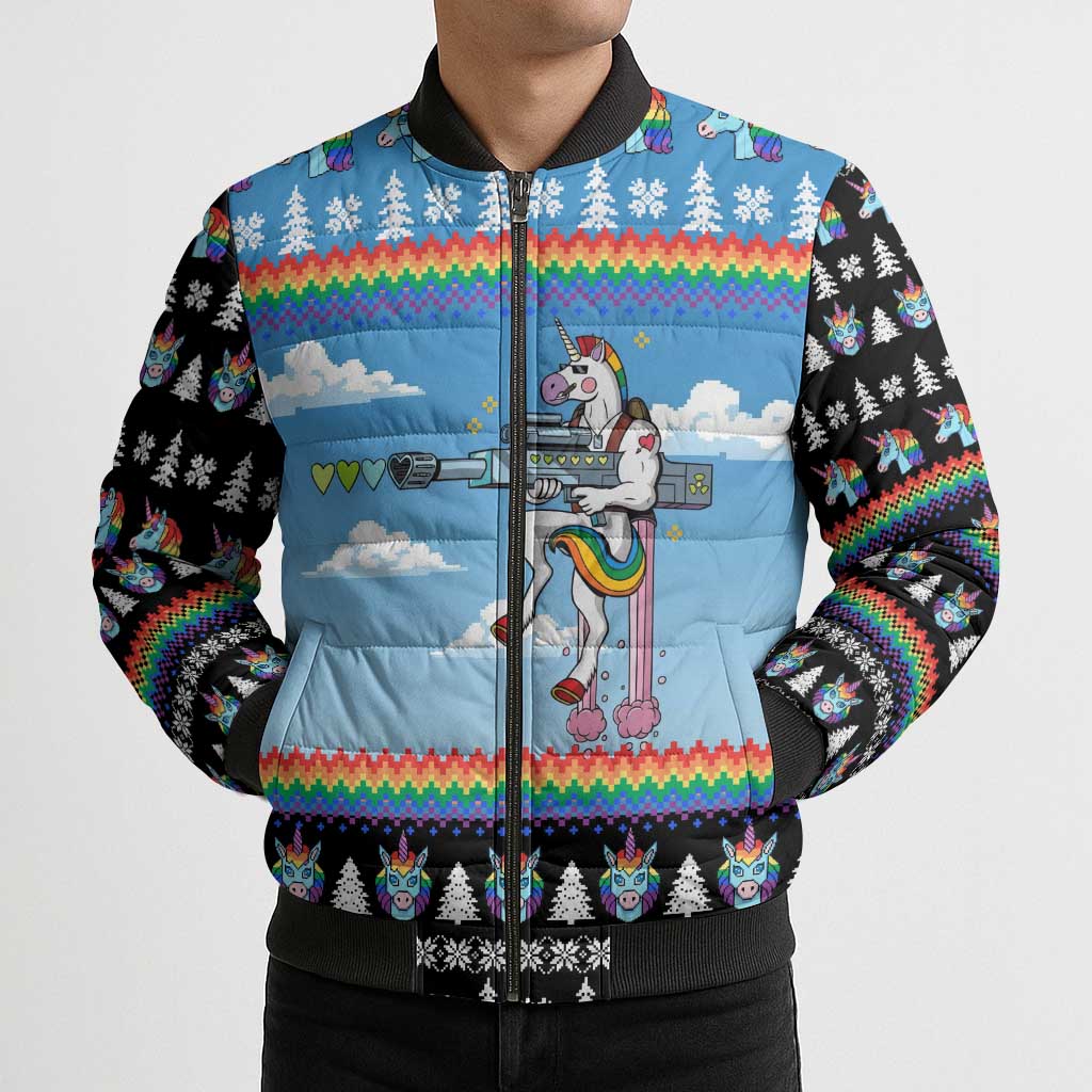 Unicorn Pew Pew Christmas Bomber Puffer Jacket Xmas Holiday Patterns - Wonder Print Shop