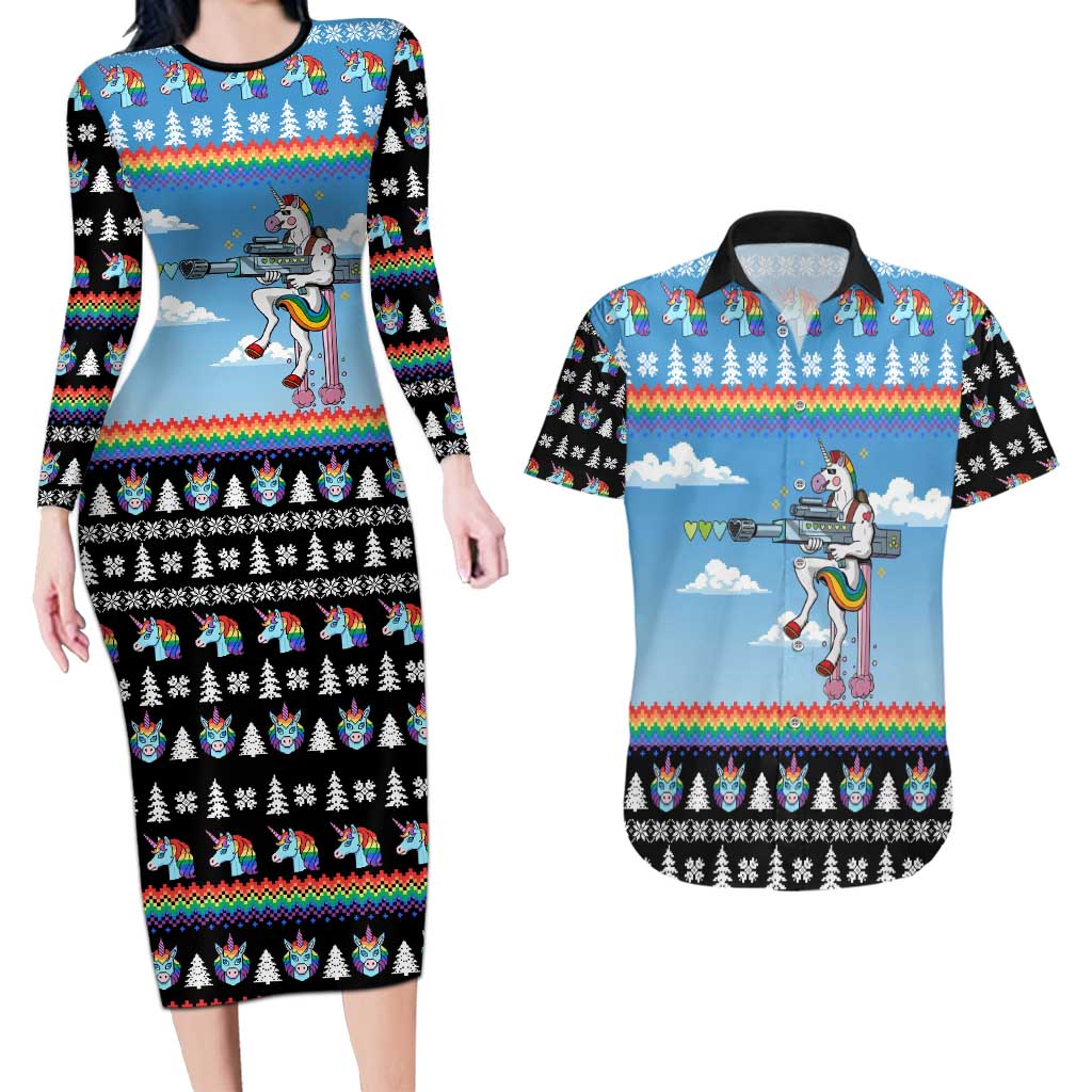 Unicorn Pew Pew Christmas Couples Matching Long Sleeve Bodycon Dress and Hawaiian Shirt Xmas Holiday Patterns - Wonder Print Shop