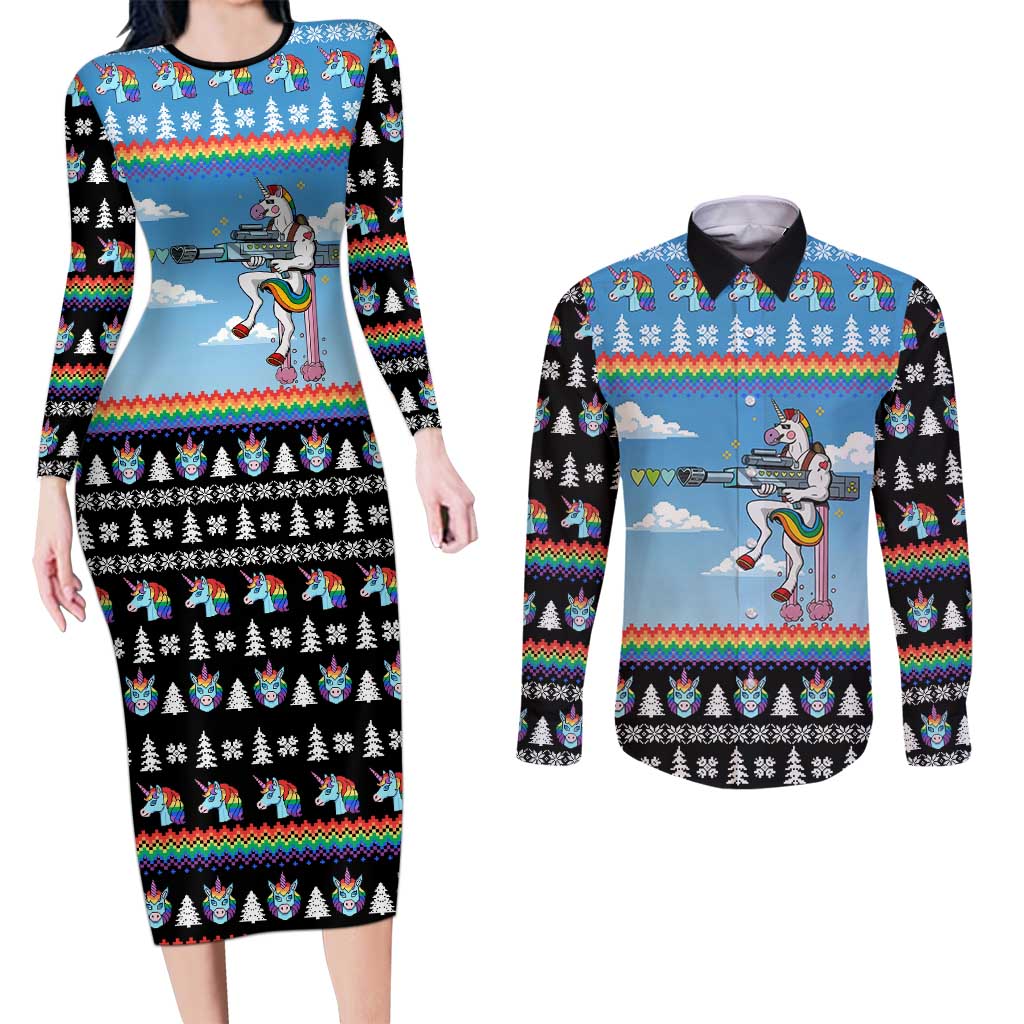 Unicorn Pew Pew Christmas Couples Matching Long Sleeve Bodycon Dress and Long Sleeve Button Shirt Xmas Holiday Patterns - Wonder Print Shop