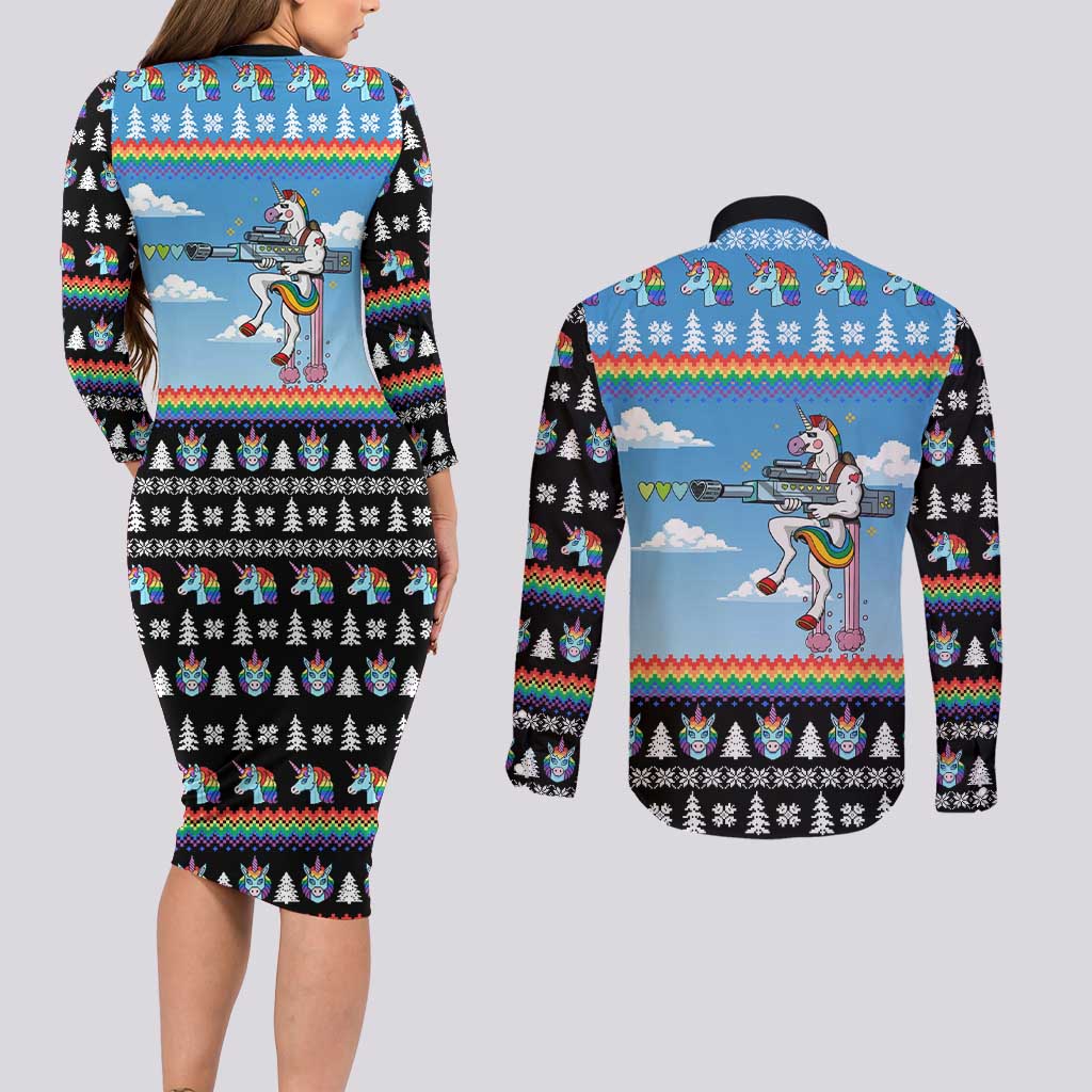 Unicorn Pew Pew Christmas Couples Matching Long Sleeve Bodycon Dress and Long Sleeve Button Shirt Xmas Holiday Patterns - Wonder Print Shop