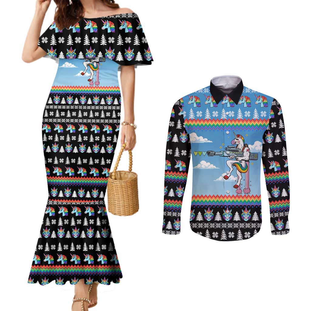 Unicorn Pew Pew Christmas Couples Matching Mermaid Dress and Long Sleeve Button Shirt Xmas Holiday Patterns - Wonder Print Shop