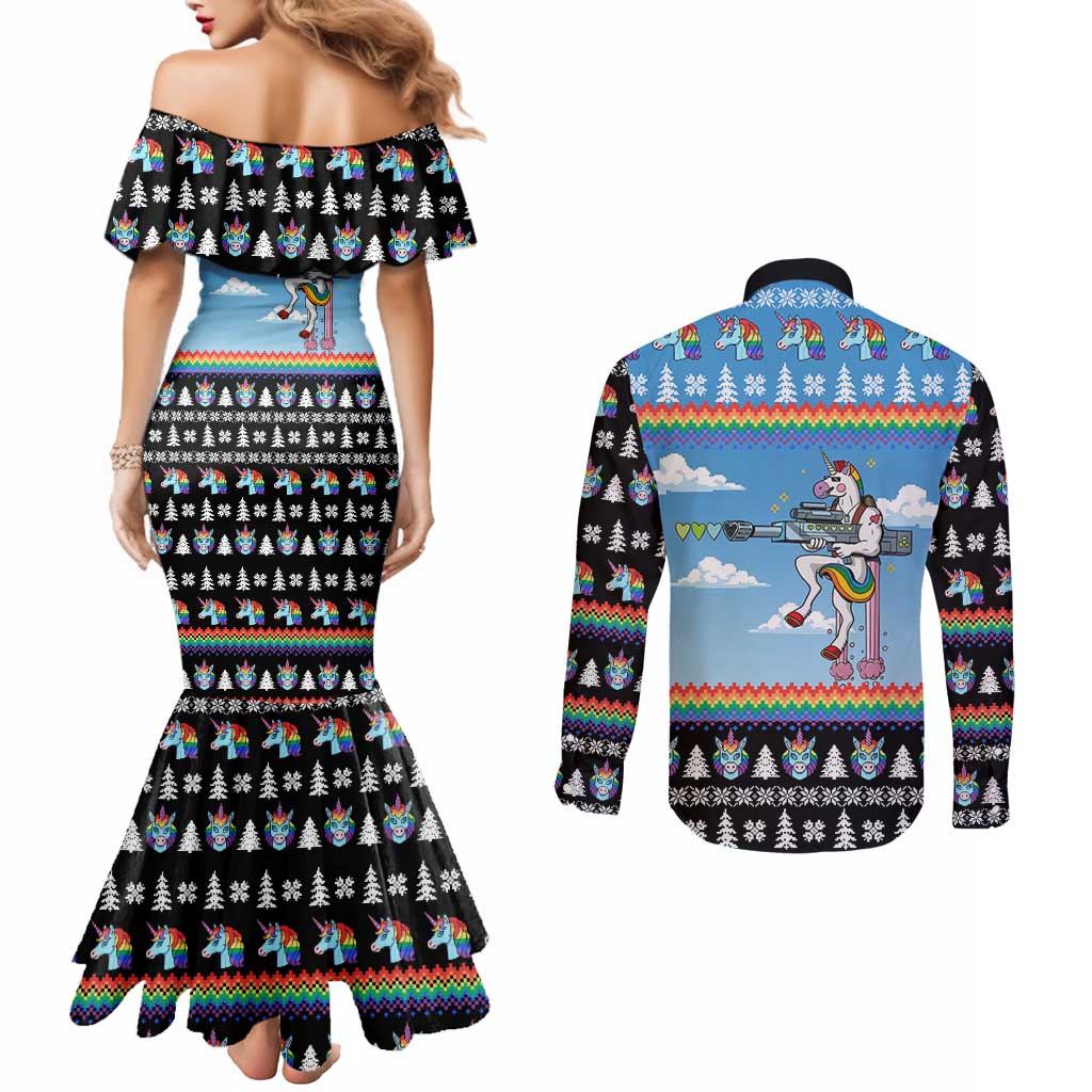Unicorn Pew Pew Christmas Couples Matching Mermaid Dress and Long Sleeve Button Shirt Xmas Holiday Patterns - Wonder Print Shop