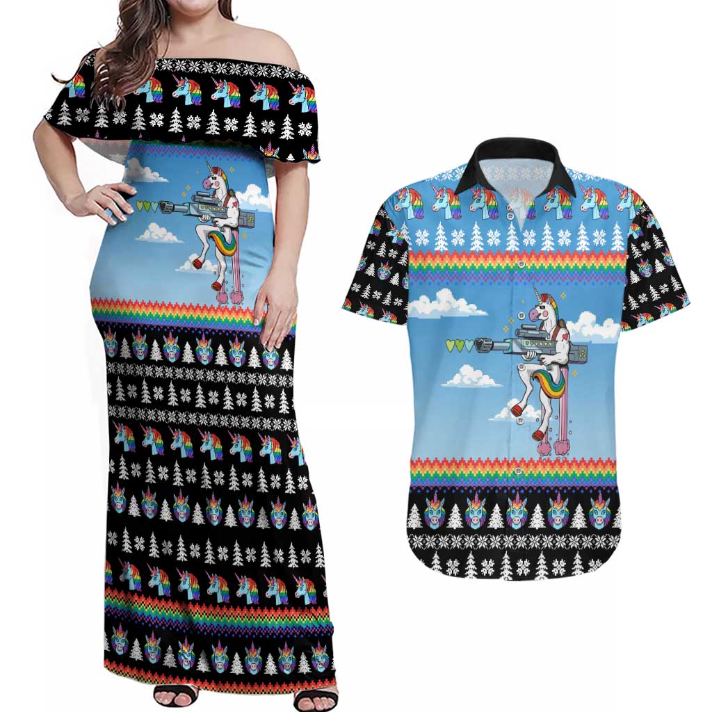 Unicorn Pew Pew Christmas Couples Matching Off Shoulder Maxi Dress and Hawaiian Shirt Xmas Holiday Patterns - Wonder Print Shop