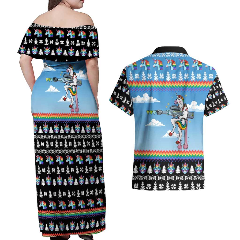 Unicorn Pew Pew Christmas Couples Matching Off Shoulder Maxi Dress and Hawaiian Shirt Xmas Holiday Patterns - Wonder Print Shop